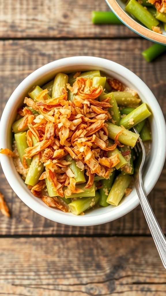 A single serving of green bean casserole topped with crispy onions in a small dish on a wooden table.